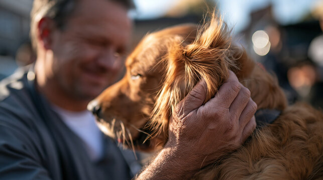 Man Gently Petting Golden Retriever Dog Outdoors