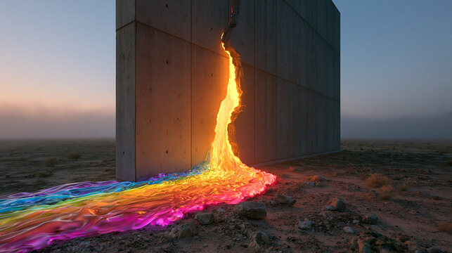 Colorful Rainbow Liquid Flowing Through Cracked Concrete Wall