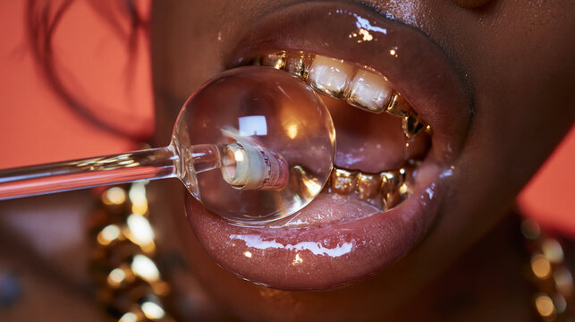 Woman with Gold Grillz Licking Lollipop Containing Money