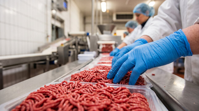 Automated meat packaging machine and conveyor belt sorting raw ground meat in a modern food processing factory.