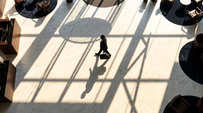 High Angle View of Businessman Walking in Modern Building Lobby