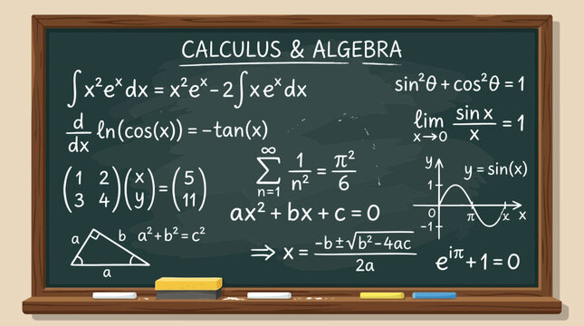 Educational Chalkboard Featuring Various Mathematical Equations and Geometric Formulas for Academic Study and Classroom Instruction