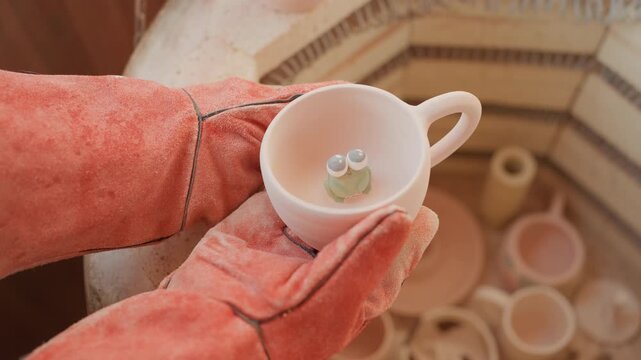 Pottery kiln gloved hands reveal glaze test beads inside cup, closeup safety gloves holding bisque mug, soft pastel glaze droplets, studio lighting, experimental process snapshot, artisan evaluating