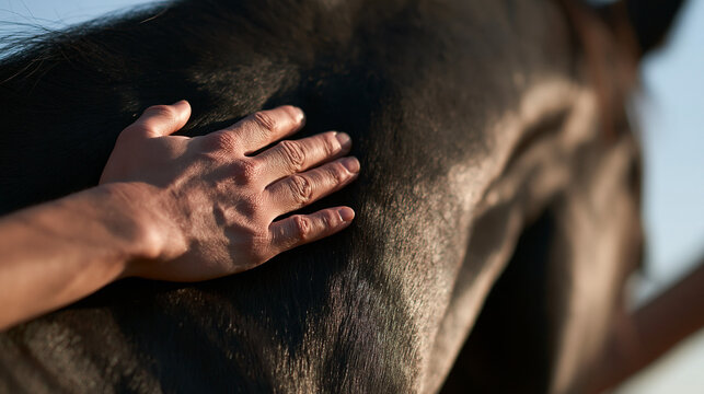 Close Up of Human Hand Stroking Dark Horse Coat