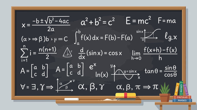 Educational Classroom Blackboard Featuring Mathematical Formulas and Scientific Equations for Academic Studies and Lessons