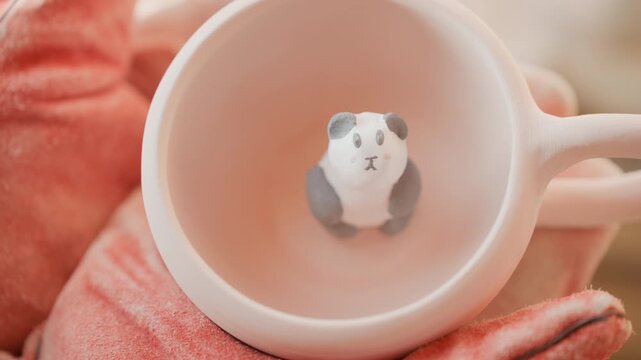 Clay panda sits inside cup, gloved hand cradles matte pink ceramic mug in pottery workshop closeup, soft sunlit studio light, delicate handcrafted detail, subtle glaze texture, artisan finishing touch