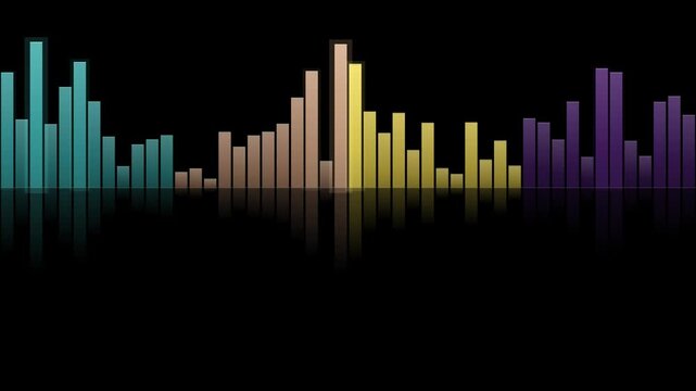 A horizontal audio equalizer bar graph cycles from blue to purple across a black background.