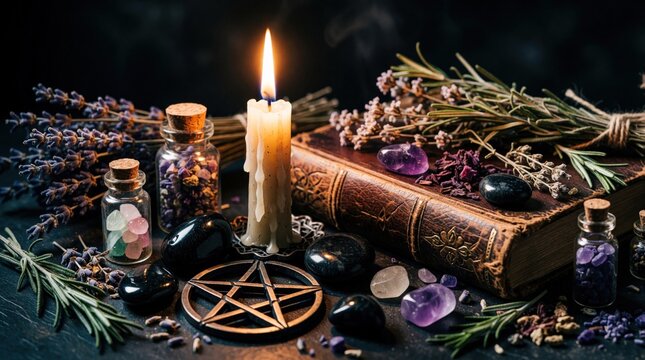 Mystical witchcraft altar displays burning candle pentagram herbs and crystals on old book. Occult ritual items arranged for magic practice or spiritual ceremony creating dark atmospheric mood.