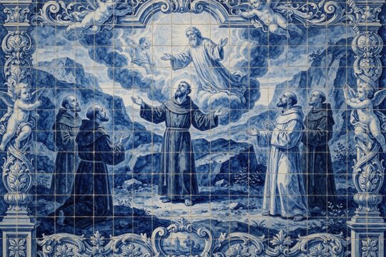 Blue white glazed ceramic tiles wall panel shows Saint Francis receiving stigmata miracle. Antique Portugal azulejo art features religious figures praying inside decorative border frame. Traditional
