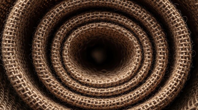 Brown burlap fabric rolled in spiral creating circles. Coarse jute material with weave texture leads to dark center hole. Rustic textile surface shows natural fiber structure. Design pattern for eco