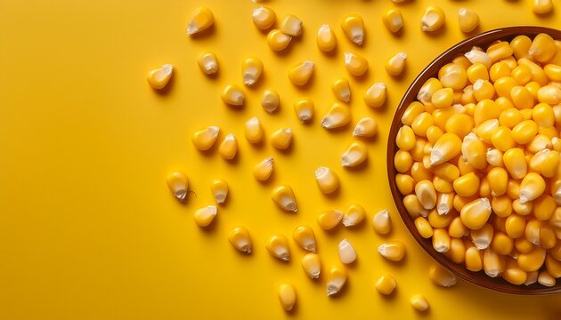 whole kernel sweet corn laid on a yellow background for advertising editing