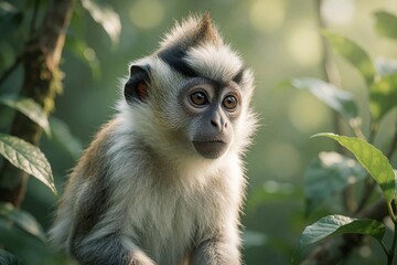 Obraz premium Young Javanese surili monkey with distinctive crest sits among green leaves in soft sunlight. Small primate with expressive eyes looks alertly into distance surrounded by natural forest habitat.
