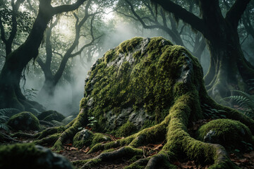 Obraz premium Large mossy rock sits in misty ancient forest. Thick tree roots wrap around stone in dark woods. Foggy atmosphere creates mystical mood among old trees. Enchanting nature landscape with green moss,