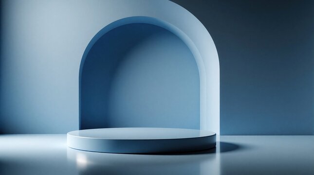 Empty round podium inside blue arch niche. Minimalist stage for product display in modern studio. Clean geometric platform with soft light for commercial presentation. Simple luxury background for