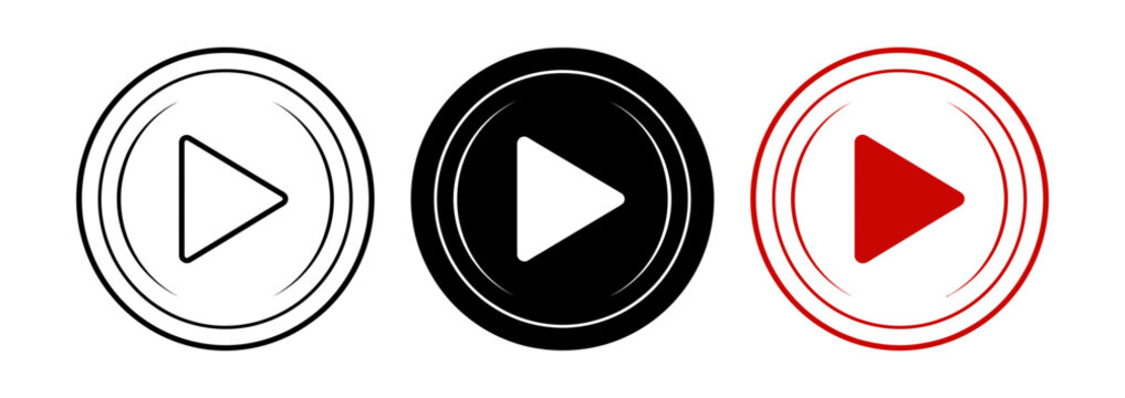Set of three oval play buttons with different styles including outline black fill and red fill for digital media interfaces