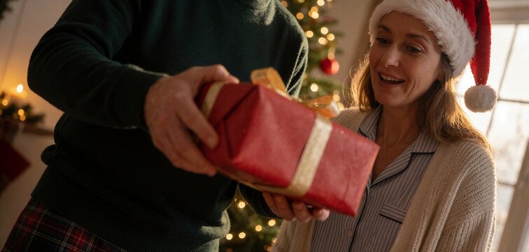 Man gives gift to woman, capturing the joy of opening presents on Christmas morning with warm lighting.