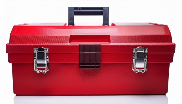 sturdy red metal toolbox on white background