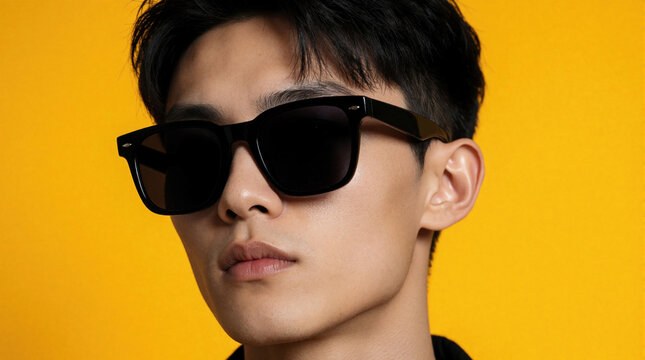 Stylish young man wears black sunglasses on bright yellow background. Asian male model poses with confident expression for fashion portrait. Handsome guy looks cool in modern eyewear. Trendsetter