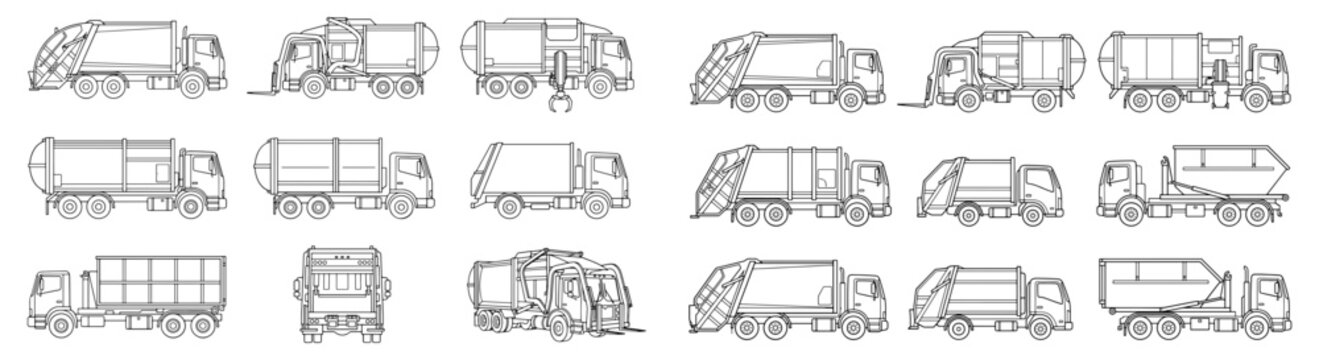 Set of Vector Garbage and Refuse Truck Line Art Illustrations Showing Various Waste Collection Vehicles
