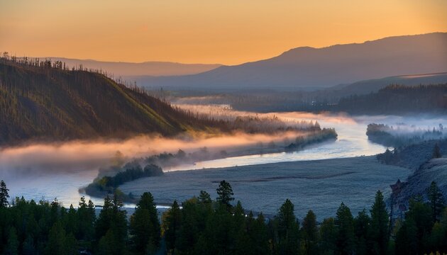 smokey haze rises from coeur d alene river valley landscape morning light