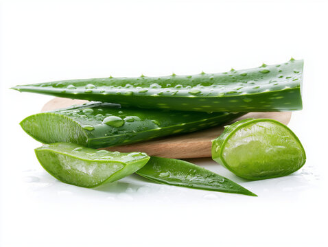 Aloe Vera Leaves With Cut Slices And Dew Drops