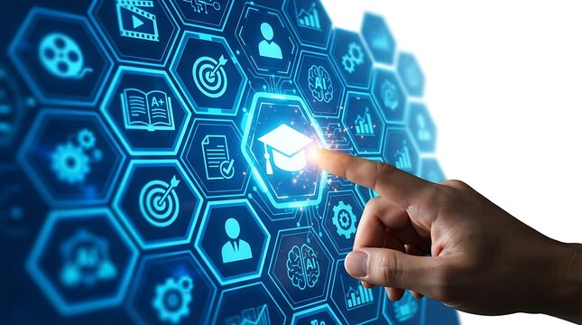 Digital learning concept with a hand touching a graduation cap icon surrounded by hexagonal network interface elements