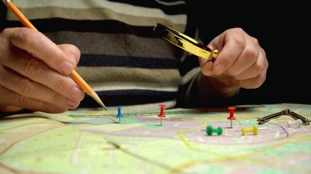 Person in striped sweater examines a map with a magnifying glass while using a pencil to mark locations, surrounded by colorful push pins on a wooden table in a dimly lit room