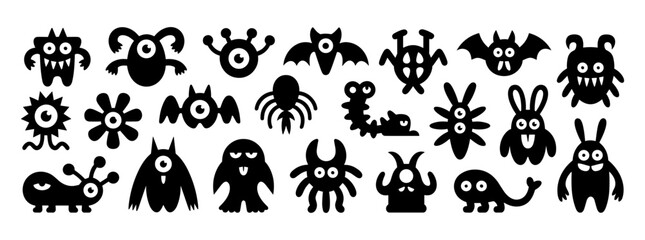 Obraz premium Monster Silhouettes Collection: A playful and eclectic assortment of black monster silhouettes, each with a unique, whimsical design, representing a variety of creative and imaginative characters.