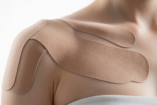 Close up of beige kinesiology tape applied to female shoulder, chest. Medical adhesive bandage supports muscle recovery, relieves pain. Physical therapy treatment for injury rehab, posture correction