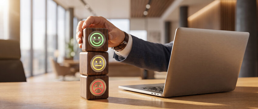 Customer satisfaction survey concept with businessman holding wooden smile block for service evaluation and business credibility