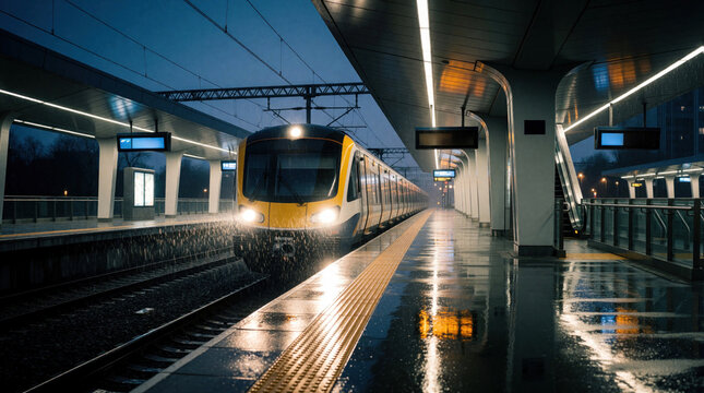 Modern commuter train arrives at sleek station platform during rainy evening. Glowing headlights illuminate wet railroad tracks with falling rain drops. Urban city transit infrastructure features