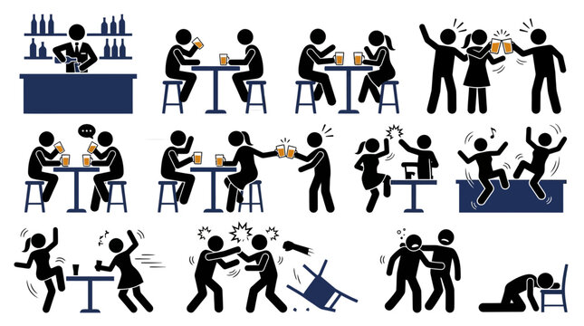 Minimalist black vector graphic showing stick figures drinking alcohol and socializing inside a busy tavern setting