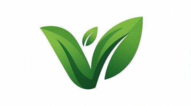 Abstract green logo stylized as V letter with leaves. Clean visual graphic symbol for vegetarian food cafe or healthy lifestyle brand. Eco friendly business identity.