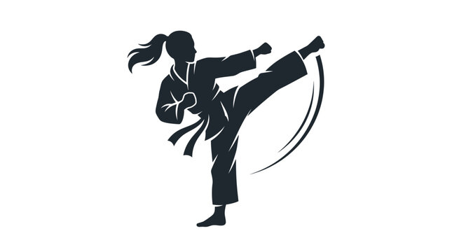 Karate martial arts female fighter executing powerful high kick motion in this minimalist black vector illustration