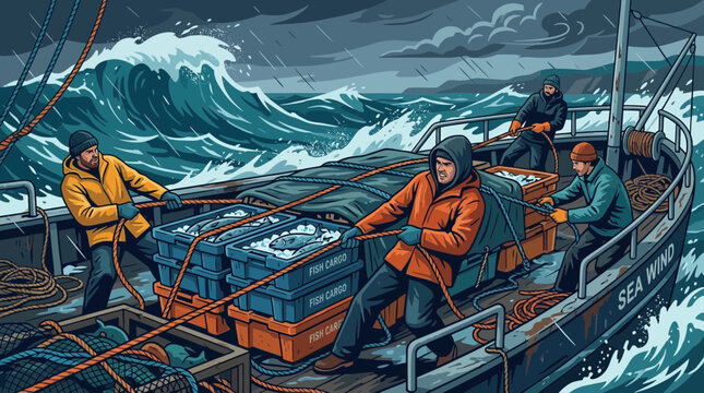 Sailors battling stormy seas on a wooden ship.