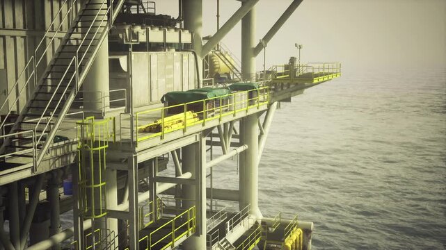 Supply deck loading with yellow containers, heavy crane poised over cargo, chains and winches securing bundles, staged pallets and gear on grated surfaces,