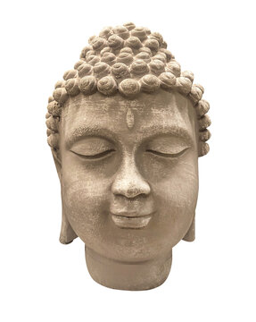 Buddha head statue isolated on white background, serene Buddhist sculpture with closed eyes and peaceful expression, spiritual meditation and Asian culture concept for interior decor.