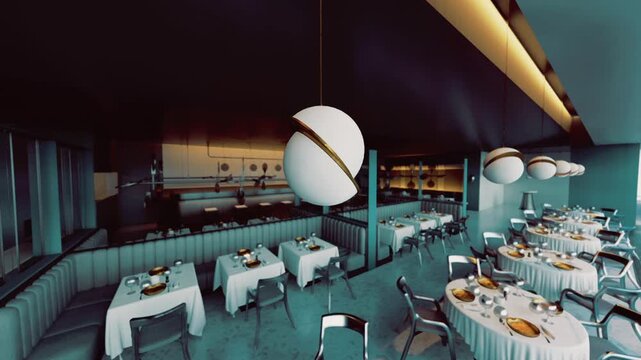 Banquetready restaurant hall with round tables and white linens, pendant lighting and centerpieces, spacious layout for events, staff arranging settings