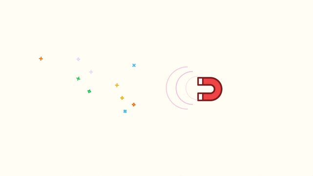 Dynamic motion of colorful particles and magnet icon in digital animation sequence.