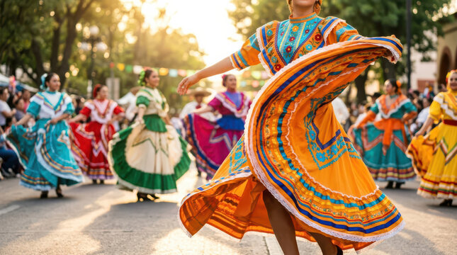 Hispanic Heritage Month folkloric dance celebration featuring a Latina dancer in a vibrant embroidered dress, colorful traditional costumes, joyful outdoor festival and cultural heritage performance
