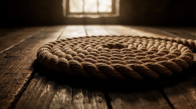 Thick natural fiber rope coiled on rustic wooden floor. Soft window light creates shadows, highlighting textured material detail and spiral pattern on aged planks.