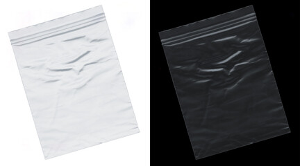 Transparent plastic zipper bag mockup, empty polyethylene zip lock pouch on white and black background, wrinkled poly bag texture © MstNadira