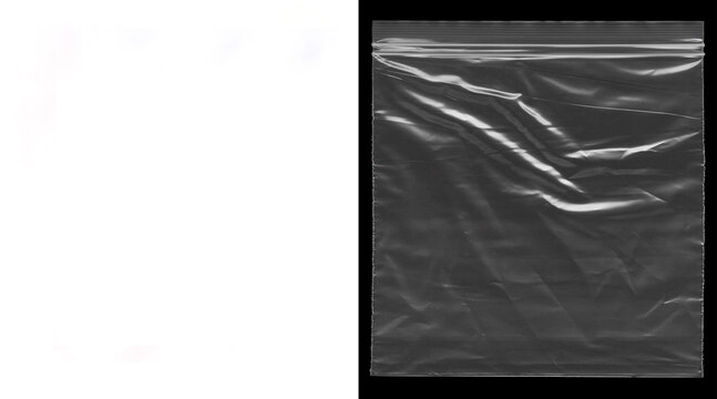 Transparent plastic bag texture on black background, wrinkled cellophane poly bag mockup, clear zip lock packaging overlay