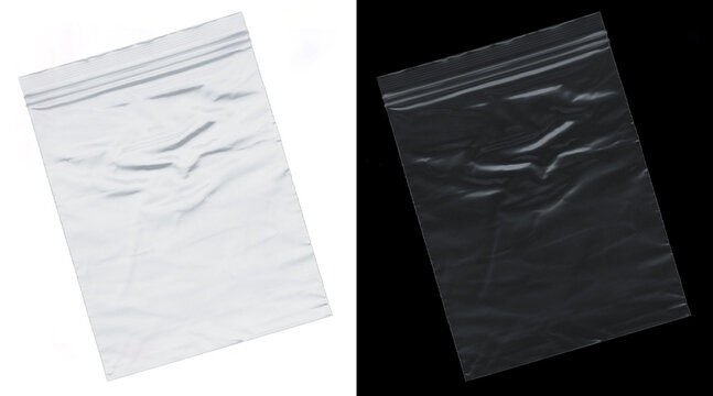 Transparent plastic zipper bag mockup, empty polyethylene zip lock pouch on white and black background, wrinkled poly bag texture
