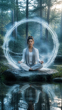 Woman meditating in lotus pose on a forest river rock with a magical glowing water circle, reflection, and spiritual energy theme.