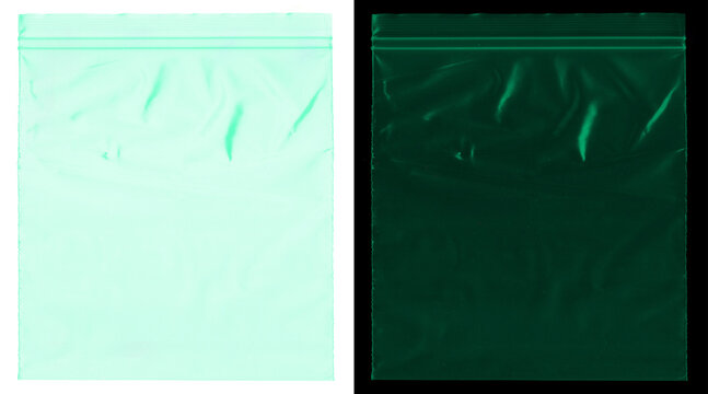 Transparent plastic zip bag texture, wrinkled polyethylene pouch mockup, green tinted cellophane packaging set for design