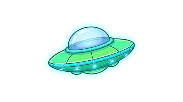 Cartoon green flying saucer isolated on white.