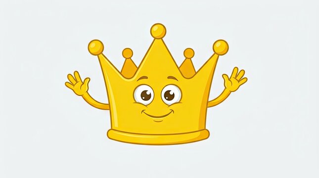 Cartoon golden crown character with smiling face and hands.