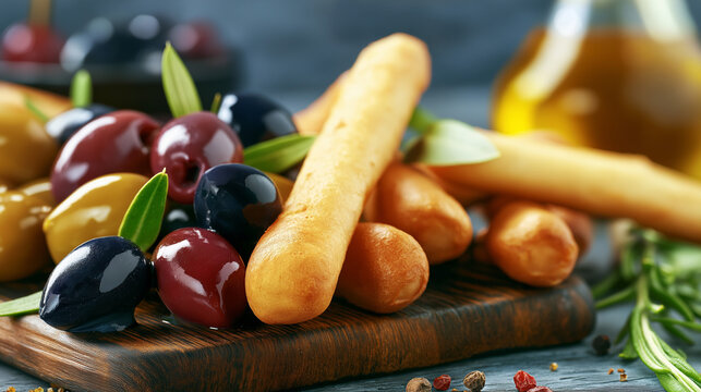 Breadstick On Olive Pile With Peppercorns