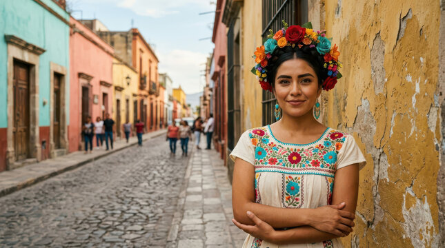 Traditional Mexican cultural portrait of a smiling Latina woman in embroidered folk clothing and floral headpiece standing on a colorful historic street, celebrating Hispanic Heritage Month